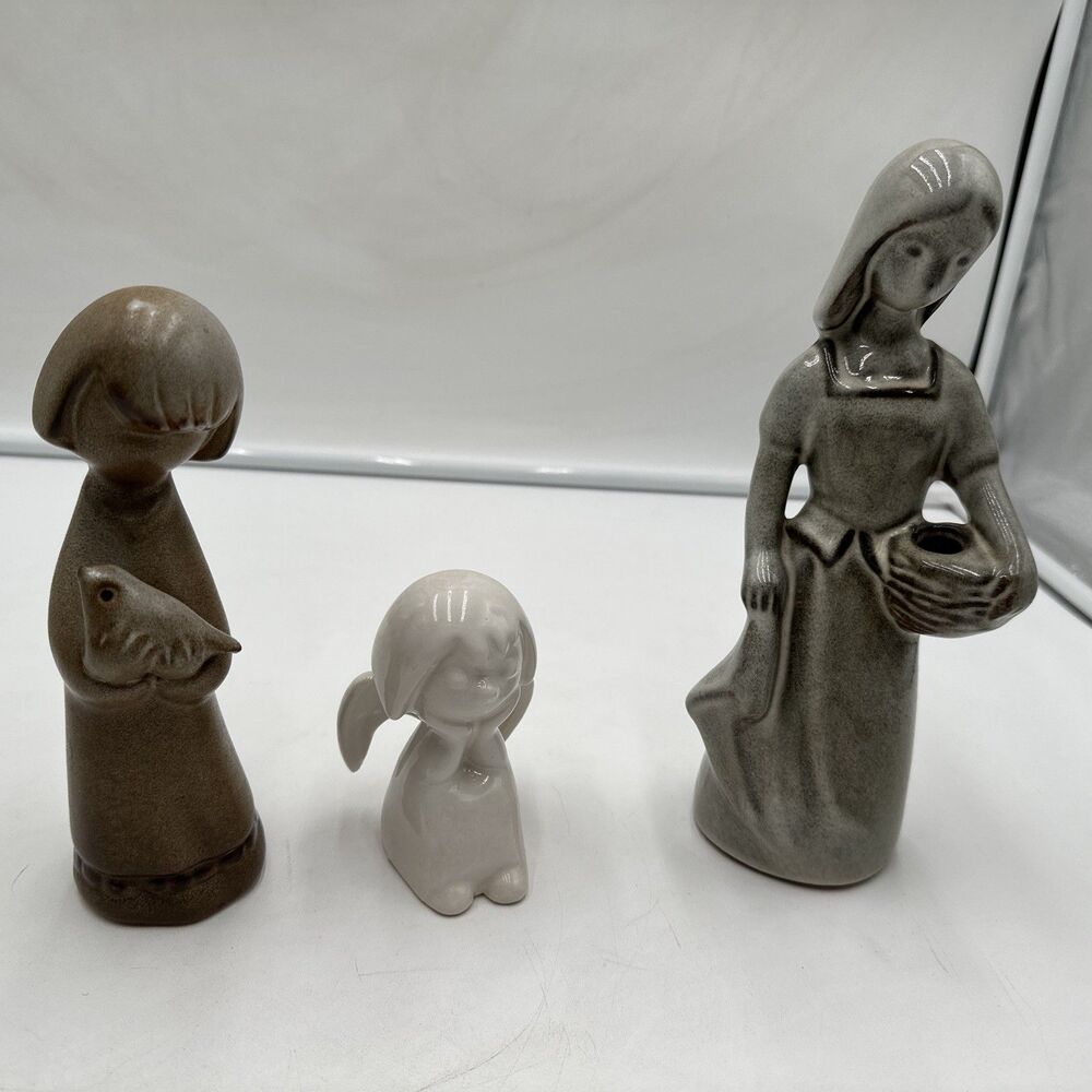 Lot 3 Howard Pierce Woman Basket Figurine 9" Porcelain Girl W Bird Sitting Angel